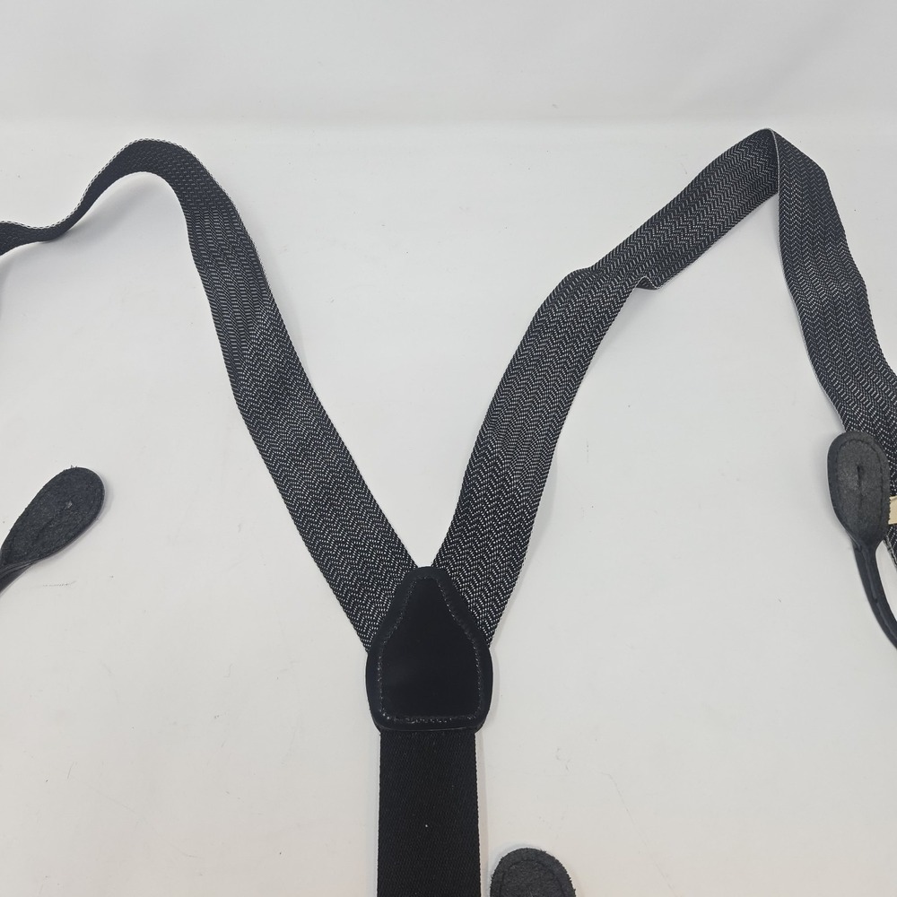 Men's Herringbone Button-On Suspenders Braces Black White Y-Back Leather Ends - Picture 2 of 13